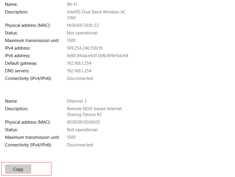 copy your network information windows 10
