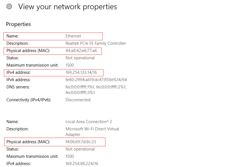 ip address and mac address windows 10